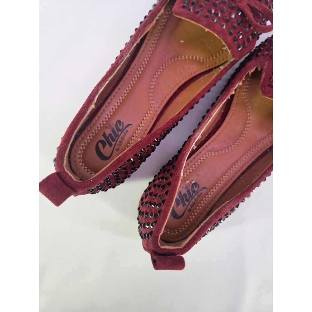Chic by Lady Couture Sherry Flats Women’s 9 Burgundy Rhinestone Bow Pointed Toe - Picture 4 of 6